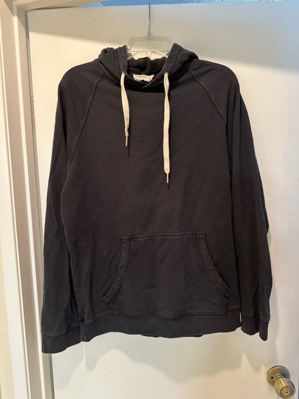 Frame Denim Black Hooded Pullover with White Drawstrings